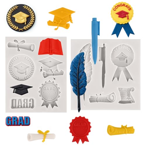 Sakolla 2 Pack 2026 Graduation Candy Chocolate Molds, Doctoral Cap Diploma Scroll Badge Pen Shape Fondant Silicone Molds for Party Cake Decoration（Mini/Grey） - color: Graduation Season Molds/Grey