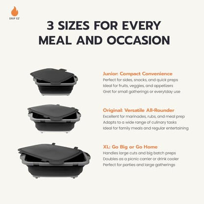 Drip EZ Collapsible BBQ Prep Tubs 3-Piece Set- For Meal Prep Marinating Food Storage - Includes Cutting Board & Lid - (1) JR + (1) OG + (1) XL - Black - color: Black