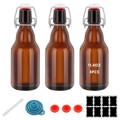 3Pcs Amber Beer Bottles with Flip Caps, 12oz Glass Bottle with Swinging Top for Airtight Lids, Home Brewing and Fermentation Kombucha, Vanilla Extract, Beverage, Water, Kefir