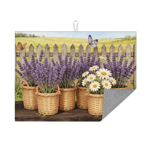 Kitchen Drying Mat for Countertop Lavender Daisy Farmhouse Garden Pattern Non-Slip Kitchen Counter Mat for Dishes Glassware - color: Purple White