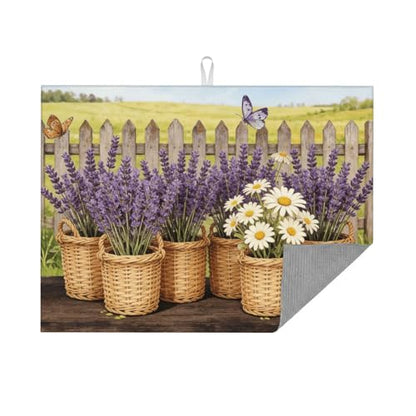 Kitchen Drying Mat for Countertop Lavender Daisy Farmhouse Garden Pattern Non-Slip Kitchen Counter Mat for Dishes Glassware - color: Purple White