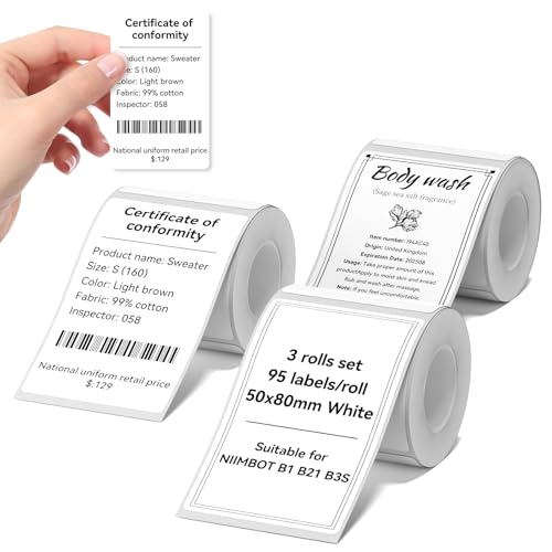NIIMBOT Labels 3 Rolls Set for B1/B21/B31 Sticker Printer, 50x80mm (1.97'' x 3.15'') 95 Labels/Roll, Refill Labeling Tape for Home School Office Small Business (White) - color: 50mm×80mm-white