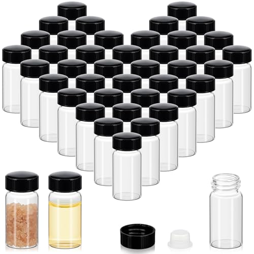 Lallisa 100 Pcs 20 ml Glass Vials with Black Screw Caps and Plastic Stoppers, 5 Dram Clear Small Leakproof Bottles Bulk, Mini Liquid Sample Vials for Essential Oils, Sample, DIY Craft - color: Clear with Black Cap, size: 20 ml