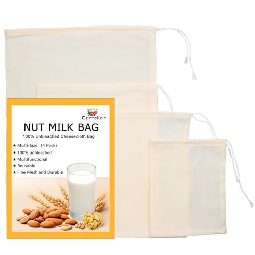 4Pack Nut Milk Bags,4 Sizes Unbleached Cotton Cheesecloth Bags,Food Strainer Bags,Reusable Muslin Strainer Bags for Yogurt,Juice,Wine,Cheese making(5x6.3"/6x8"/8x10"/10x14") - size: 5x6.3"/6x8"/8x10"/10x14"