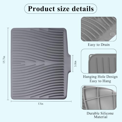 Silicone Dish Drying Mat for Kitchen Counter,16"X13" With Built-in Drain Lip,Food-Grade Silicone, Heat-Resistant Eco-friendly Hygienic Drying Mat Leak-Proof and Non-Slip, Multi-Functional Use（Gray） - color: Gray, size: 16" x 13"