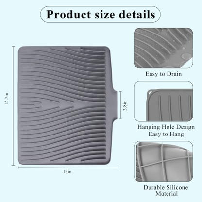 Silicone Dish Drying Mat for Kitchen Counter,16"X13" With Built-in Drain Lip,Food-Grade Silicone, Heat-Resistant Eco-friendly Hygienic Drying Mat Leak-Proof and Non-Slip, Multi-Functional Use（Gray） - color: Gray, size: 16" x 13"