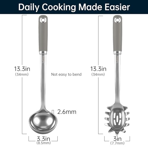 Safring Stainless Steel Soup Ladle and Spaghetti Spoon Set, Heat Resistant Rubber Handle, Dishwasher Safe, Kitchen Utensils for Cooking, Stirring, Serving Pasta, Soup & Sauce (Gray) - color: Gray