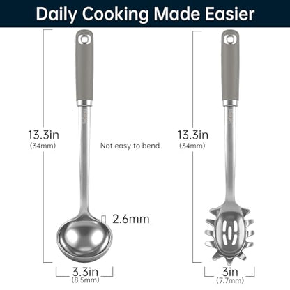 Safring Stainless Steel Soup Ladle and Spaghetti Spoon Set, Heat Resistant Rubber Handle, Dishwasher Safe, Kitchen Utensils for Cooking, Stirring, Serving Pasta, Soup & Sauce (Gray) - color: Gray