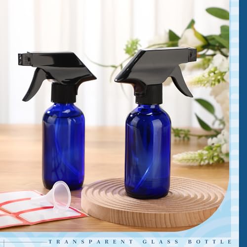 Fumete 2 Pack Glass Bottles 4oz Empty Refillable Liquid Containers with 1 Label 1 Funnel for Essential Oils Hair Travel Plants Cleaning Skin Care (Spray Bottle, Blue, Black Top) - color: Blue, Black Top, style: Spray Bottle