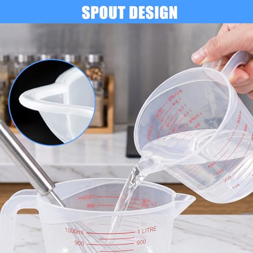 DTDNZKN 3 Pack Measuring Cups, 250ml (1-Cup), 500ml (2-Cup) &1000ml (4-Cup) | Plastic Liquid Measuring Cups - Clear Markings for Baking, Cooking, Mixing, Oil & Water Measurement - Essential Kitchen Tools