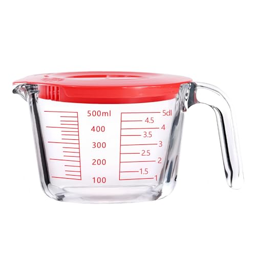 Glass Measuring Cups with Lids Set, Borosilicate Glass V-Shaped Spout Microwave Safe Scales Milk Cup for Cooking Baking (Red, 2CUP) - color: Red