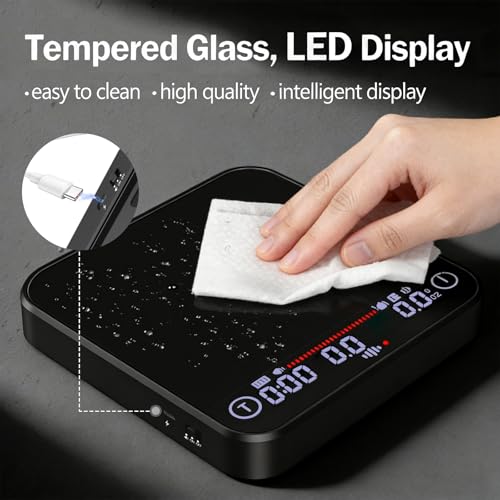 Mini Coffee Scale with Timer,Rechargeable Espresso Scale & Flow Rate Indicator, 2kg/0.1g, Auto Tare, LED Display, for Pour Over, Drip Coffee, Espresso, Silicone Cover(Black)