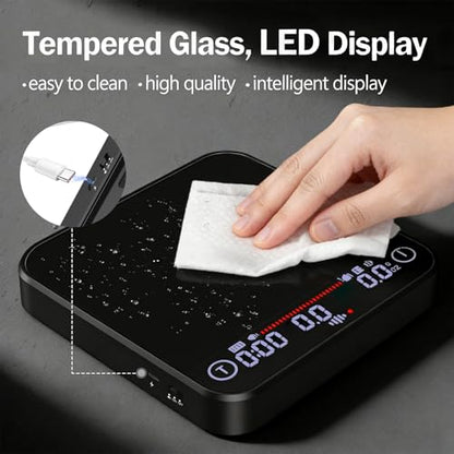Mini Coffee Scale with Timer,Rechargeable Espresso Scale & Flow Rate Indicator, 2kg/0.1g, Auto Tare, LED Display, for Pour Over, Drip Coffee, Espresso, Silicone Cover(Black)
