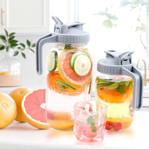 Mason Jar Pitcher Wide Mouth 32 OZ Glass Jars With Pour Spout Lids Airtight Leak-proof 1 Quart Water Pitcher With Handle For Iced Tea, Milk, Sun Tea, Lemonade, Iced Coffee - color: 32 OZ