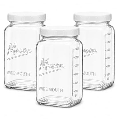 1 Gallon Glass Jars with Lids - Extra Large Mason Jars Wide Mouth with Airtight Plastic Screw On Lids - Square Glass Storage Containers with Measurements for Flour, Sugar, Cookies & Pickling, 3 Pack
