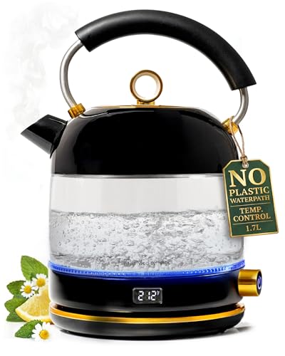 Glass Electric Kettle No Plastic, Stainless Steel, Auto Shut Off and Keep Warm Function - Black and Gold Tea Kettle with Temperature Control – 1500W Fast Hot Water Boiler for Coffee and Tea - color: Black