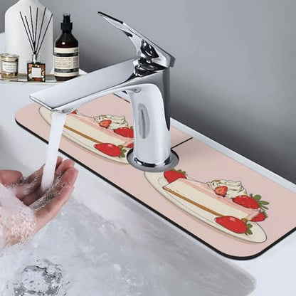 Sink Faucet Mat Strawberry Cheesecake Kitchen Splash Guard Absorbent Bathroom Sink Mat Around Faucet 15" x 5.5" Drying Mats Stone Draining Mat