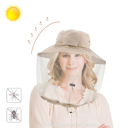 Mosquito Head Net Hat with Hidden Net Mesh for Outdoor Lover Hiking Fishing Beekeeping Gardening Men or Women (Khaki) - color: Khaki