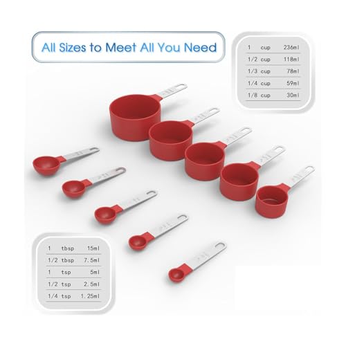 10Pcs Measuring Cups & Spoons Set, Stackable Cups and Spoons, Nesting Measure Cups with Stainless Steel Handle, Kitchen Gadgets for Cooking & Baking (Red) - color: Red