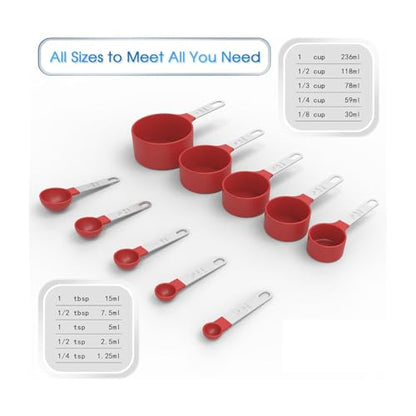 10Pcs Measuring Cups & Spoons Set, Stackable Cups and Spoons, Nesting Measure Cups with Stainless Steel Handle, Kitchen Gadgets for Cooking & Baking (Red) - color: Red