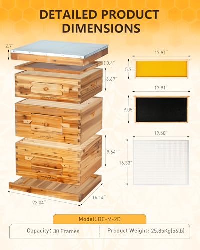 10 Frame Langstroth Bee Hive Kit, 2 Deep & 1 Medium Box | 10-Frame Langstroth Hive with 2 Deep Brood Boxes, 1 Medium Honey Super, 30 Pine Frames and an Observation Window - size: 2Deep+1Madium Bee Box