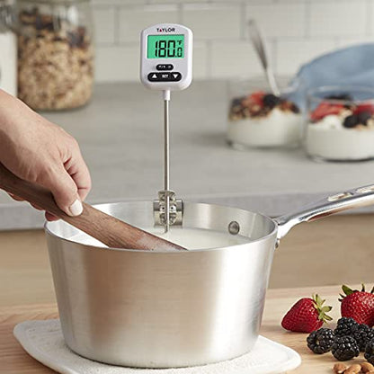 Taylor Programmable Digital Candy and Deep Fry Thermometer with Green Light Alert Display, Long Stem, and Adjustable Pan Clip, White - color: White