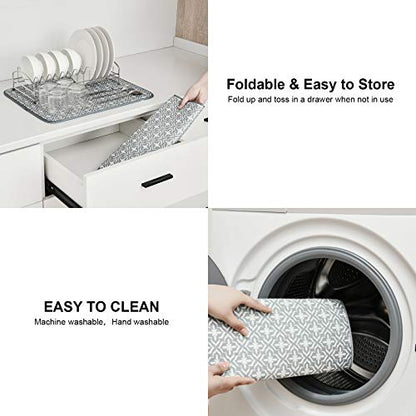SUBEKYU Dish Drying Mats for Kitchen Counter, Microfiber Absorbent Dish Drainer/Rack Pads for Sink, 19.5*15.8 inch, Set of 2, Grey, leaf - color: Leaf Gray 2P 19.5*15.8