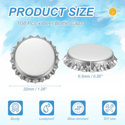 uxcell 108 Pcs Oxygen Absorbing Beer Bottle Caps, 32mm Pry Off Bulk Crown Caps Bottle Toppers for Soda Beer Wine Glass Bottles Home Brewing DIY Pendants or Craft Scrapbooks, Silver - color: Silver
