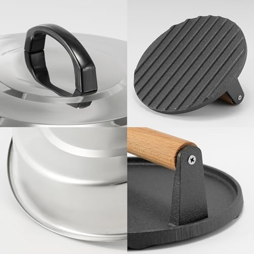 BBQ Accessories 12 Inch Round Stainless Steel Basting Cover - Cheese Melting Dome Round Cast Iron Grill Press Kit for Hamburger Bacon Steak, Best fits for Blackstone Camp Chef Flat Top Griddle Grill - color: Round Press