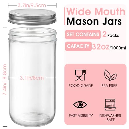 32oz Wide Mouth Mason Jars 2-Pack with Airtight Lids, Glass Canning Jars for Meal Prep, Overnight Oats, Jam & Food Storage, BPA-Free Clear Glass Jars for Canning, Fermenting & DIY Crafts