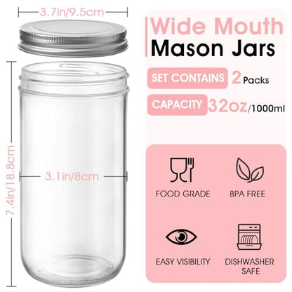 32oz Wide Mouth Mason Jars 2-Pack with Airtight Lids, Glass Canning Jars for Meal Prep, Overnight Oats, Jam & Food Storage, BPA-Free Clear Glass Jars for Canning, Fermenting & DIY Crafts