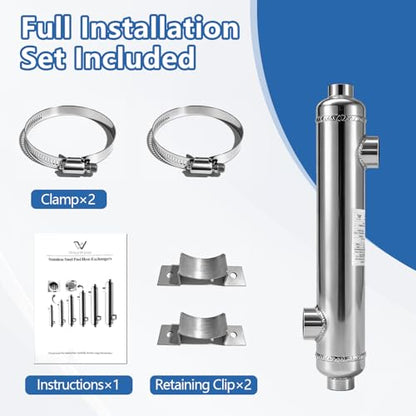AB Swimming Pool Heat Exchanger 360kBtu Stainless Steel 316L Opposite Side Ports 2" & 1 1/2" FPT w/Brackets - size: 2'9" x 4" (Cylindrical)