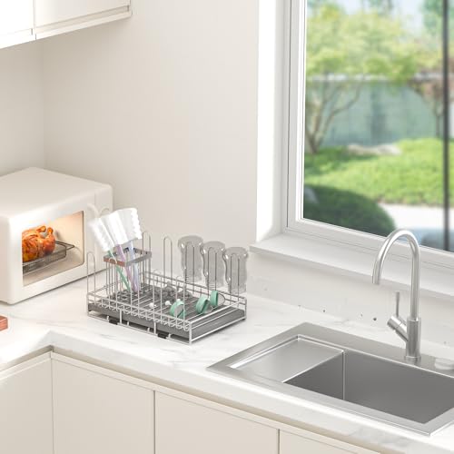 Baby Bottle Drying Rack Organizer Stainless Steel Large Countertop Glass Water Bottle Dryer Holder with Diatomite Stone Quick Dry Easy Clean and Brush Holder