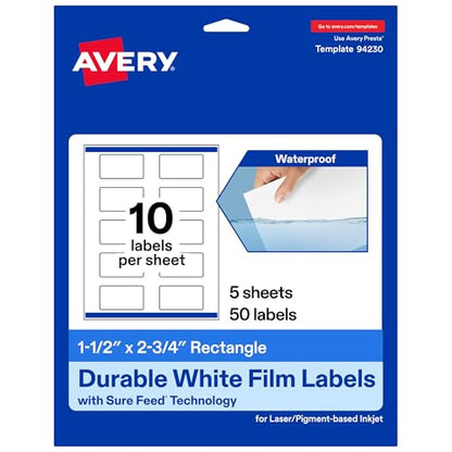 Avery Printable Durable White Rectangle Labels, Sure Feed Technology, 1.5" x 2.75", Print-to-the-Edge, Waterproof Labels, Laser & Pigment-Based Inkjet Compatible, 50 Total - style: 50 labels