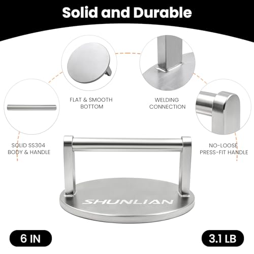 3.1lb Smash Burger Press 6" Stainless Steel Burger Smasher Tool | 1 Year Warranty | Heavy Weight | Dishwasher Safe | Stainless Steel | Solid & Buil To Last | Versatile Kitchen Cooking Press