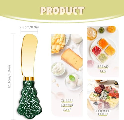 Christmas Tree Spreader Knife Set, Gold Stainless Steel Butter Knives, Holiday Serving Utensils for Cheese Jam, Gift for Home Bakers, 4-Piece - color: Green