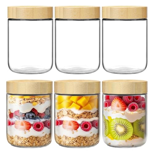 6 Pack 16oz Glass Jars with Bamboo Lids, Overnight Oats Containers with Airtight Lids, Storage Containers Wide Mouth Mason jars for Salad,Yogurt, Sugar, Snacks, Spices - color: 16OZ-6P