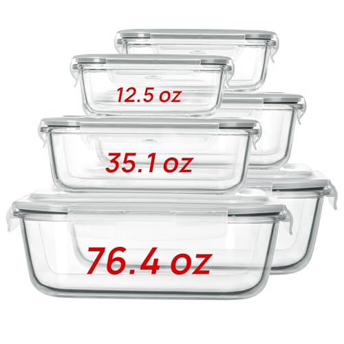Vtopmart 2.26L/76oz Extra Large Glass Food Storage Containers with Lids, 6 pack Meal Prep Container Set, Airtight Lunch Boxes with Snap Locking Lids for Microwave, Oven, Freezer, Dishwasher - color: Grey, size: Mixed(Pack of 6）
