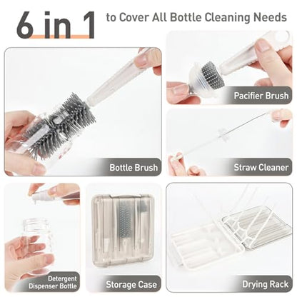 Baby Bottle Brush Set, 6-in-1 Travel Bottle Cleaner Kit with Silicone Bottle Brush, Nipple & Straw Brush, Soap Dispenser, Drying Rack, Storage Box – Compact Baby Travel Essential for Home & On-The-Go - color: White