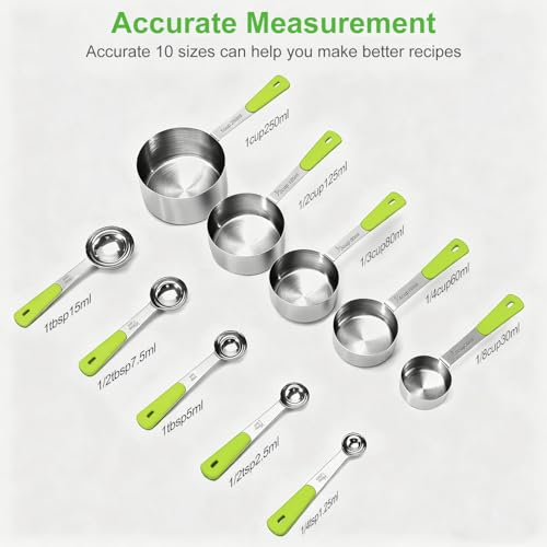 Bopei Measuring Cups and Spoons Set Stainless Steel 10 Piece for Cooking and Baking (5 Cups + 5 Spoons, Green Handle) - color: Green