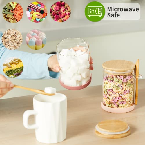 Mfacoy Set of 4 Airtight Glass Jars with Bamboo Lids & Spoons, 17 oz Borosilicate Overnight Oats Containers with Lids, Clear Food Storage Canister for Cookie, Candy, Coffee, Sugar, Matcha Tea, Flour