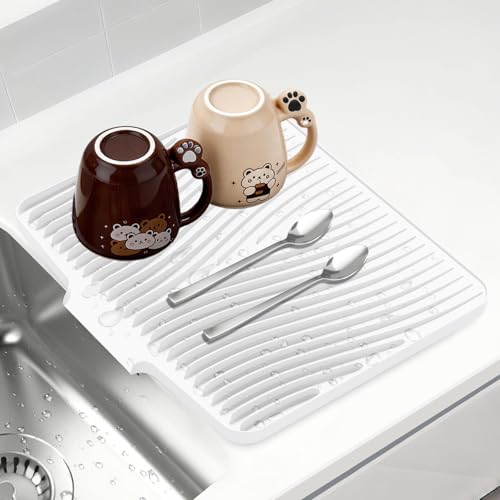Silicone Dish Drying Mat for Kitchen counter, 19.7"x17" Extra Large Non-Slip Drain Pad with Built-in Drainage, Heat Resistant Dishwasher Safe, Ivory - color: Ivory, size: 19.7" x 17"