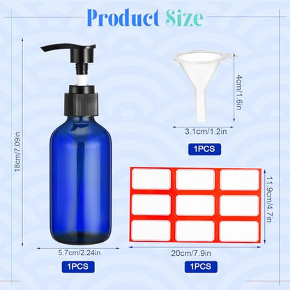 Fumete 2 Pack Glass Bottles 4oz Empty Refillable Liquid Containers with 1 Label 1 Funnel for Essential Oils Hair Travel Plants Cleaning Skin Care(Blue, Black Top,Pump Bottle) - color: Blue, Black Top, style: Pump Bottle