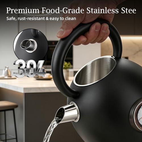 1.7L(57oz) Retro Electric Water Kettle, 1500W 304 Stainless Steel Temperature Control Tea Pot, Cordless LED, Built-in Thermometer, Auto Shut-Off & Boil Dry Protection - color: Black
