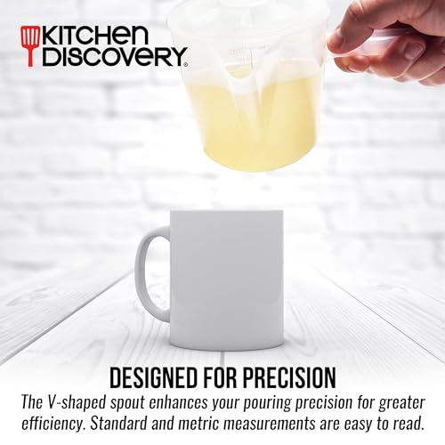 Microwavable Measuring Cup – Kitchen Discovery – 2 Cup Plastic Measuring Cup with Spout, Lid, and Extended Handle for Safe Boiling and Pouring – Microwave Safe Measuring Cup