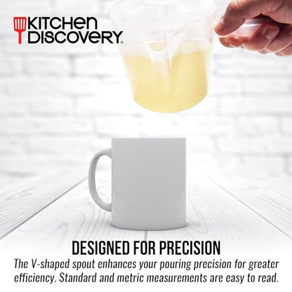 Microwavable Measuring Cup – Kitchen Discovery – 2 Cup Plastic Measuring Cup with Spout, Lid, and Extended Handle for Safe Boiling and Pouring – Microwave Safe Measuring Cup