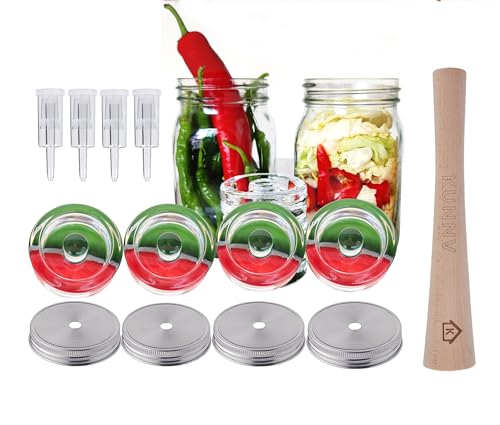Complete Mason Jar Fermentation Kit - Sauerkraut Pounder + 4pc Glass Weights + 4pc water airlocks Easy Wide Mouth Jars Vegetable Fermenting Set -Suitable for 86MM mason jar (Jars Not Included)