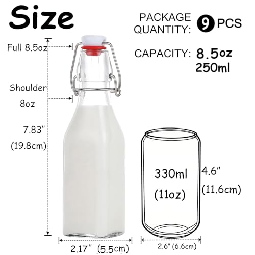 ZEBEIYU Swing Top Glass Bottles 8 oz with Airtight Lids for Home Brewing, Kombucha, Kefir, Vanilla Extract, Beer, Oil, Vinegar, Homemade Juices, Water,Soda Set of 9