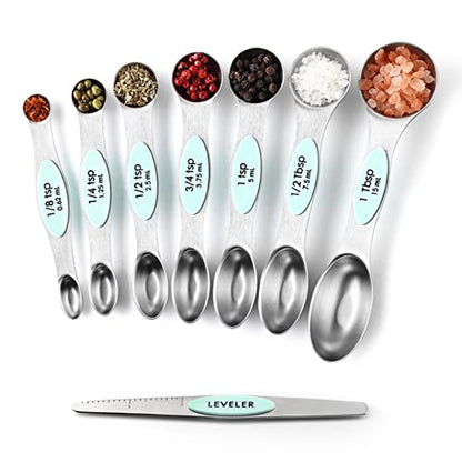 Spring Chef Stainless Steel Magnetic Measuring Spoons Set of 8 with Leveler, Metal Teaspoon & Tablespoon Measuring Spoons, Fits in Spice Jars, Kitchen Gadgets for Baking & Cooking - Set of 2 - Mint - color: Mint, size: 2-Pack