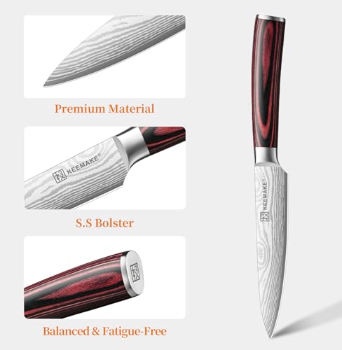 KEEMAKE 5 Inch Paring Knife - Ultra Sharp High Carbon Stainless Steel, Tomato Knife for Fruit Cutting & Peeling with Ergonomic Utility Handle